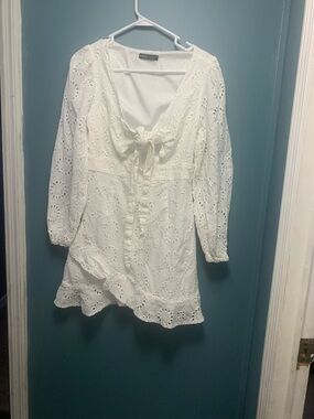 SHEIN White Eyelet Long Sleeve Mini Dress